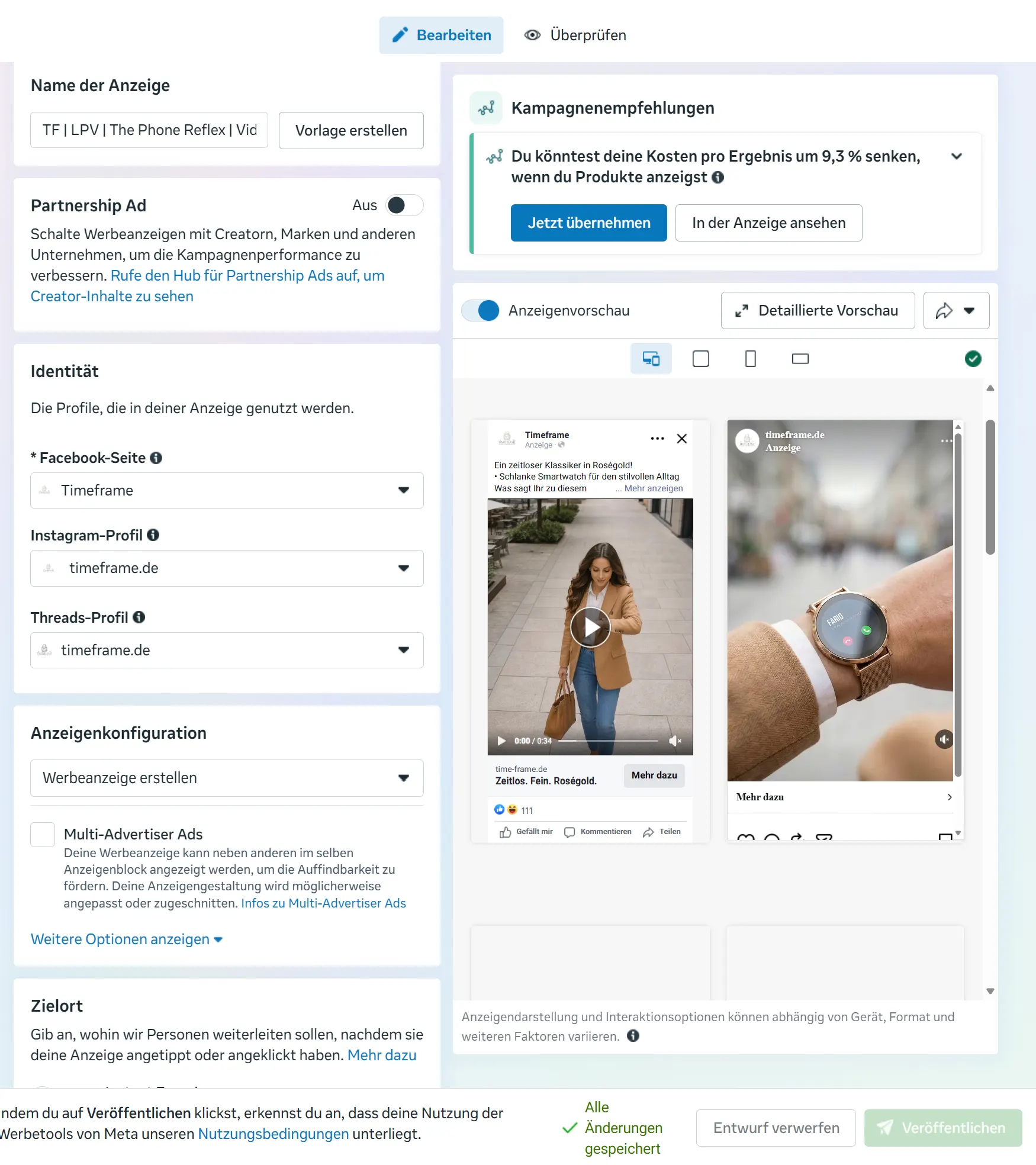 Meta Werbeanzeigenmanager – aktive Timeframe-Kampagne mit Ad-Previews für Feed und Story