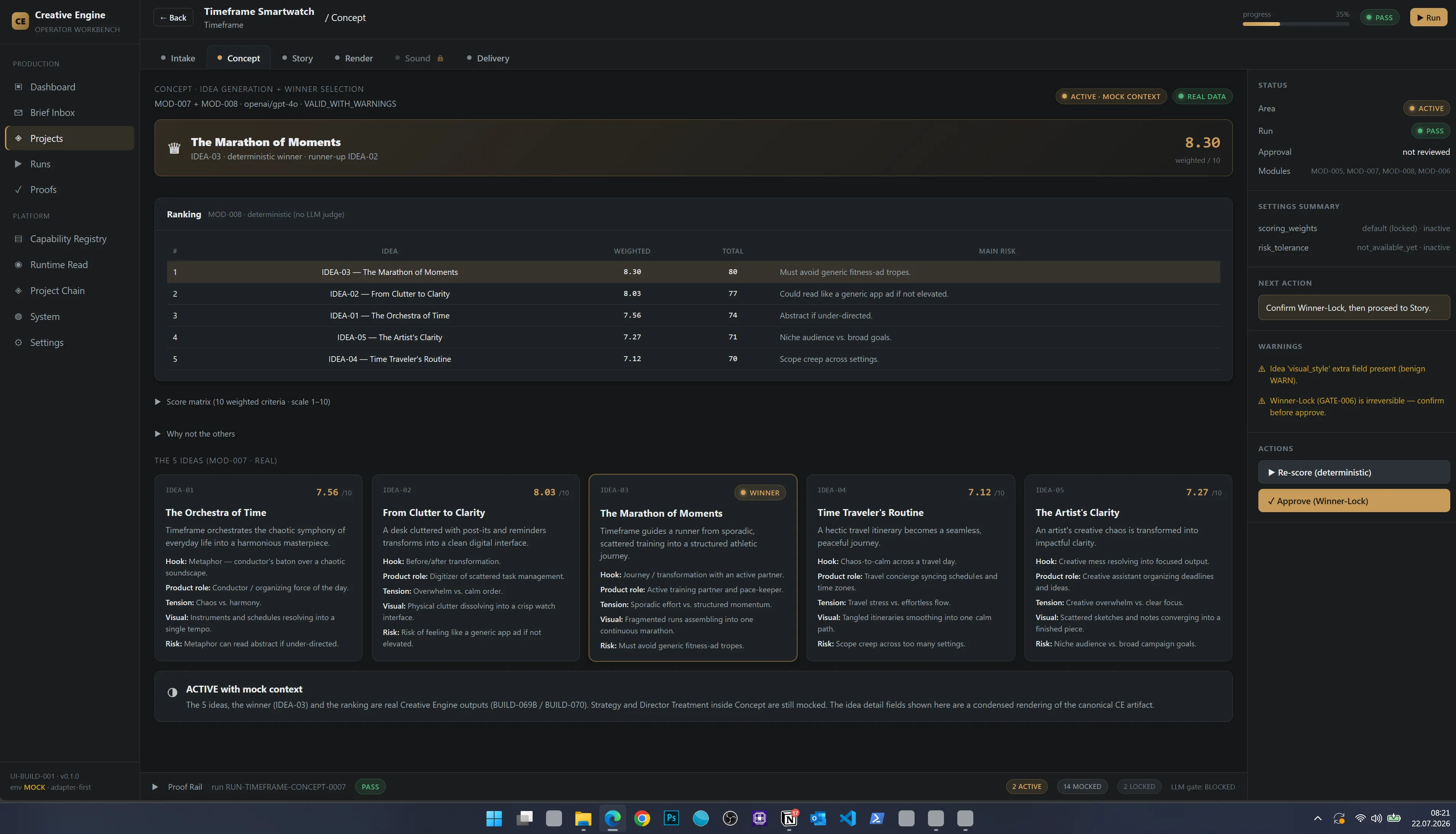 Creative Engine 1.0 Concept-Modul – fünf Film-Ideen mit Ranking, Scores und Qualitätsprüfung, REAL DATA