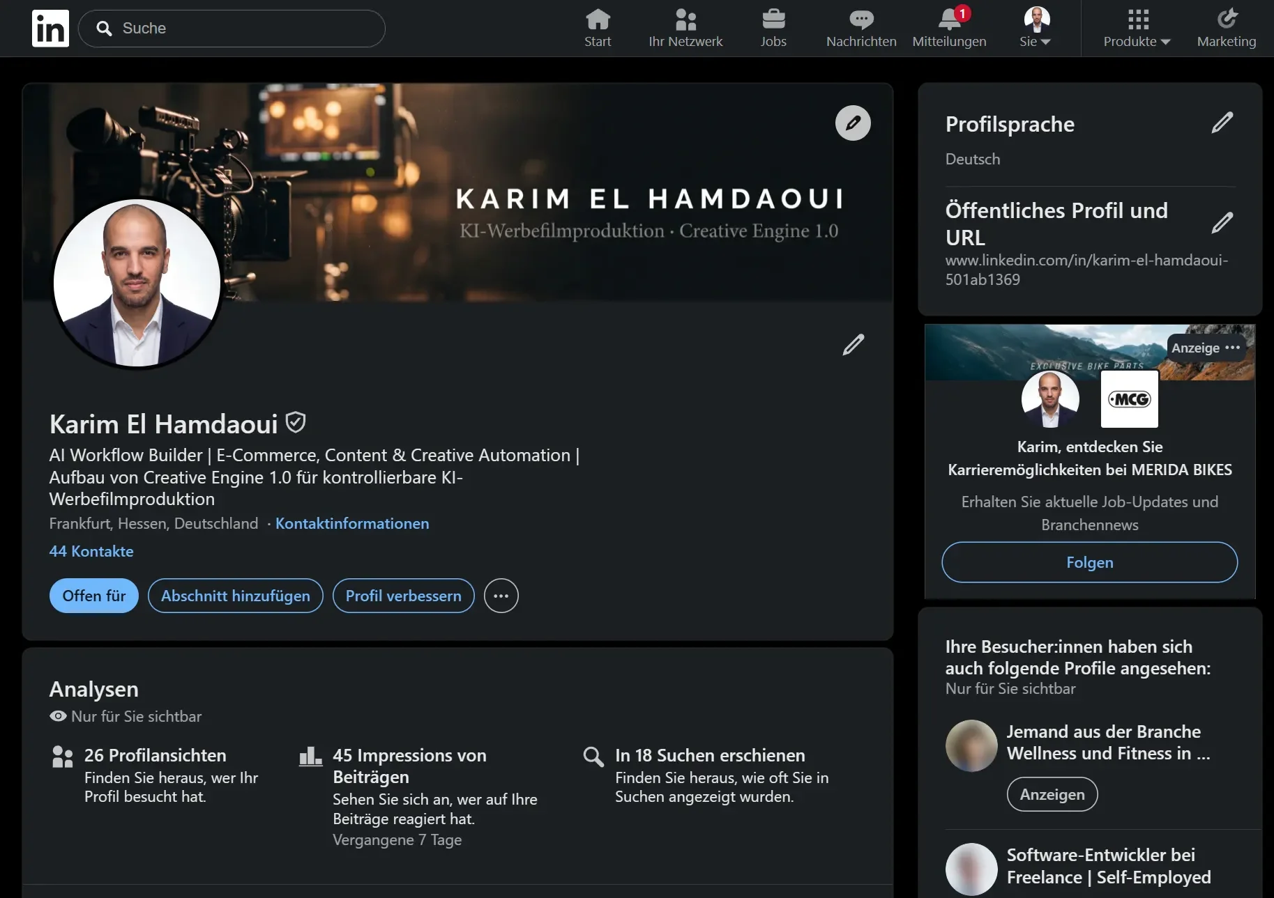 LinkedIn-Profil Karim El Hamdaoui – Profilheadline und ‚Offen für Arbeit'-Banner sichtbar