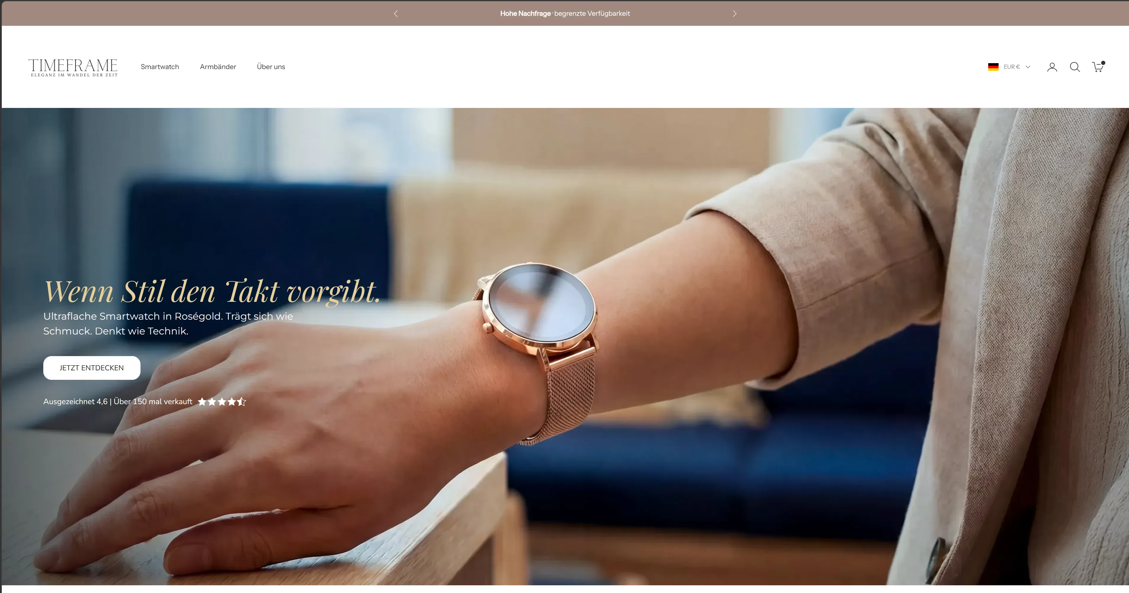Timeframe Shopify Shop-Startseite – D2C-Projekt mit eigenem Branding und Lifestyle-Visuals
